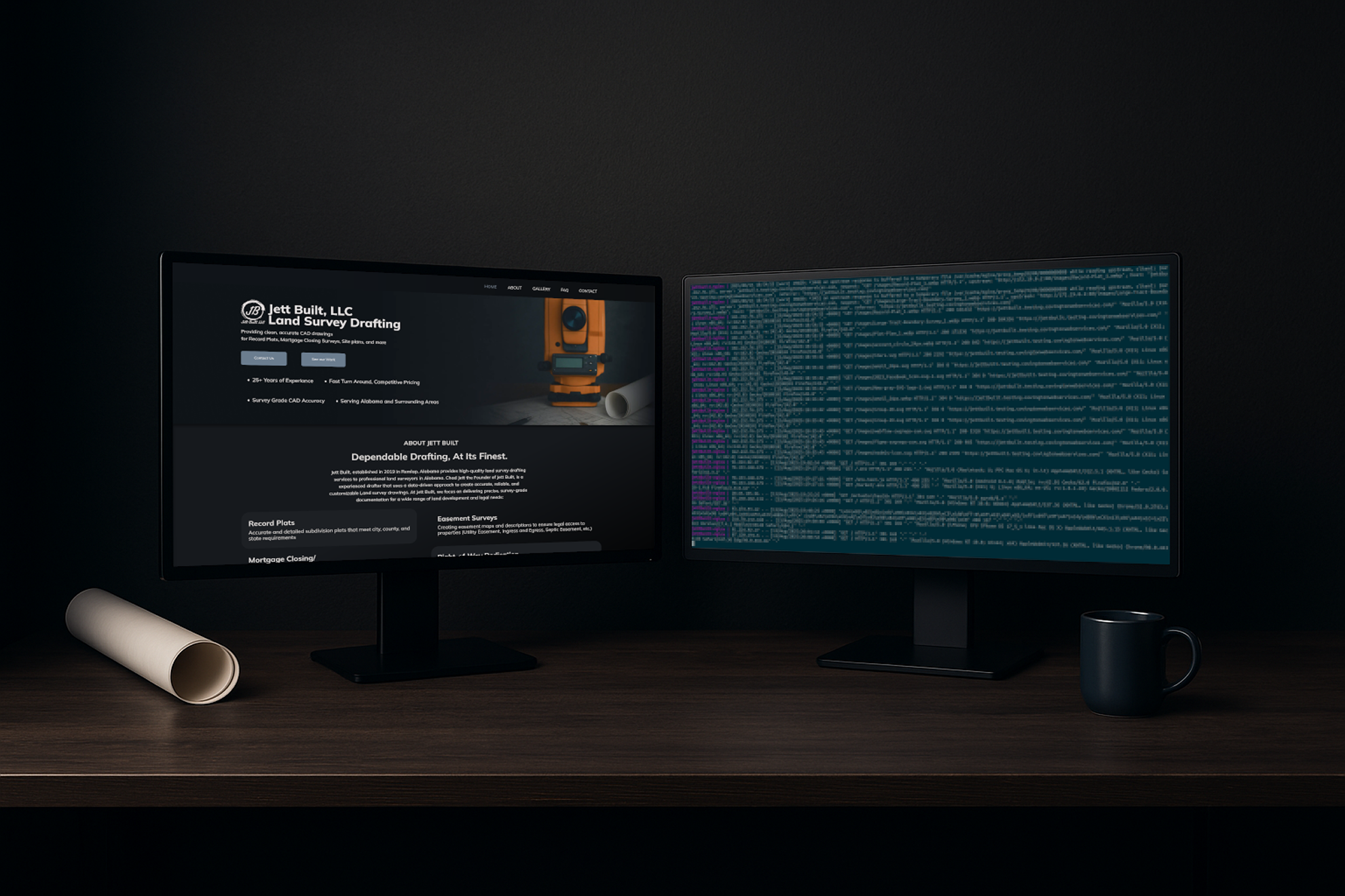 Dual computer monitors on a dark wood desk; left screen shows a land surveying website, right screen displays lines of computer code, with a rolled-up blueprint and black coffee mug nearby.