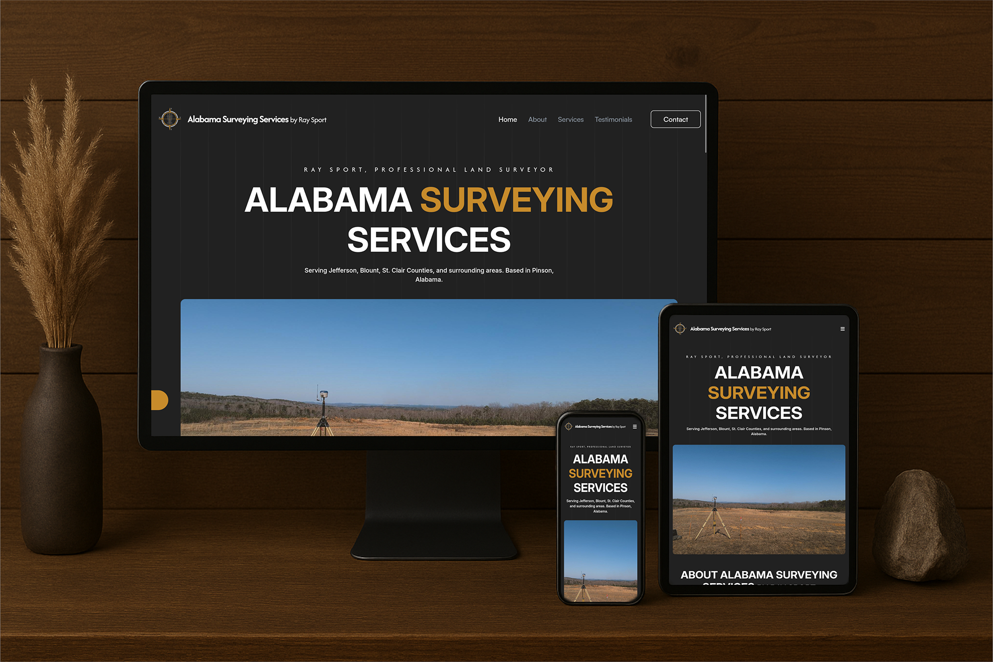 Two computer monitors on a wooden desk in front of a large window showing snow-covered mountain peaks; the left monitor displays terminal system data, the right monitor shows performance graphs.