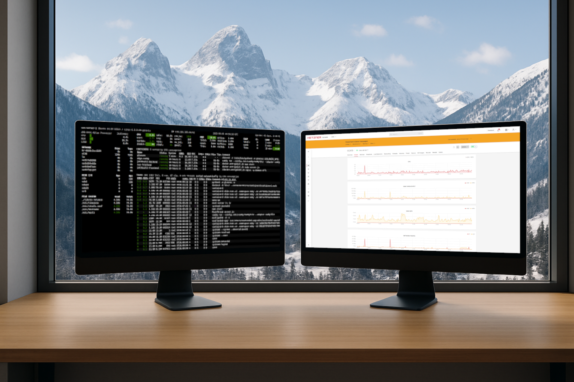 Two computer monitors on a wooden desk with a snowy mountain landscape visible through a large window behind them; the left screen shows terminal commands and the right screen displays system monitoring graphs.